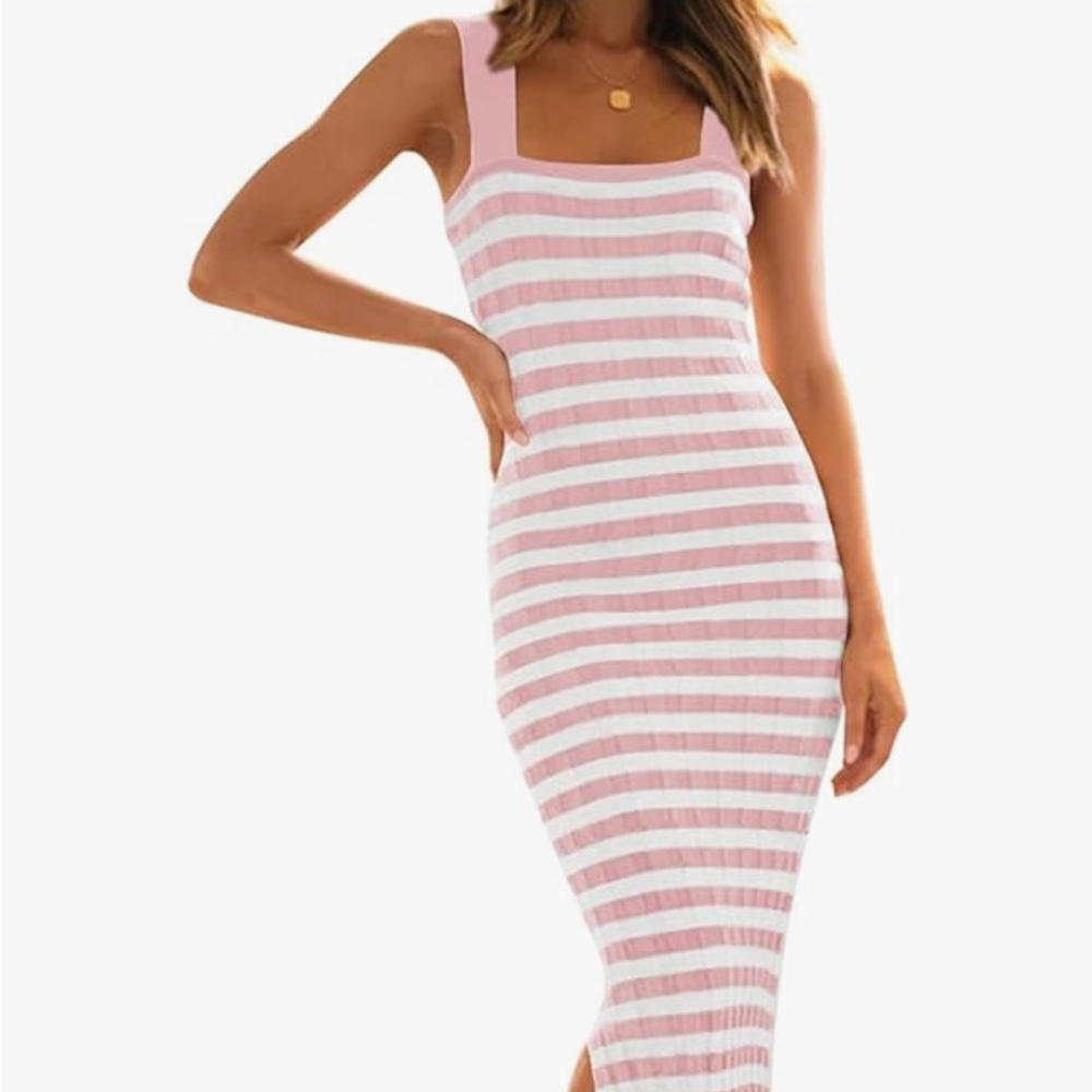 Pink and White Striped Square-Neck Bodycon Dress